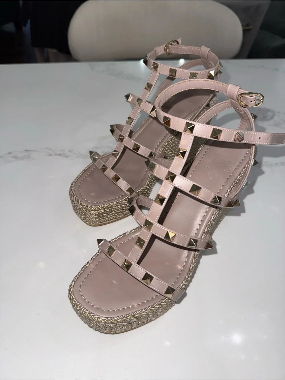 Valentino Pink Rockstud Espadrille Wedge Sandals